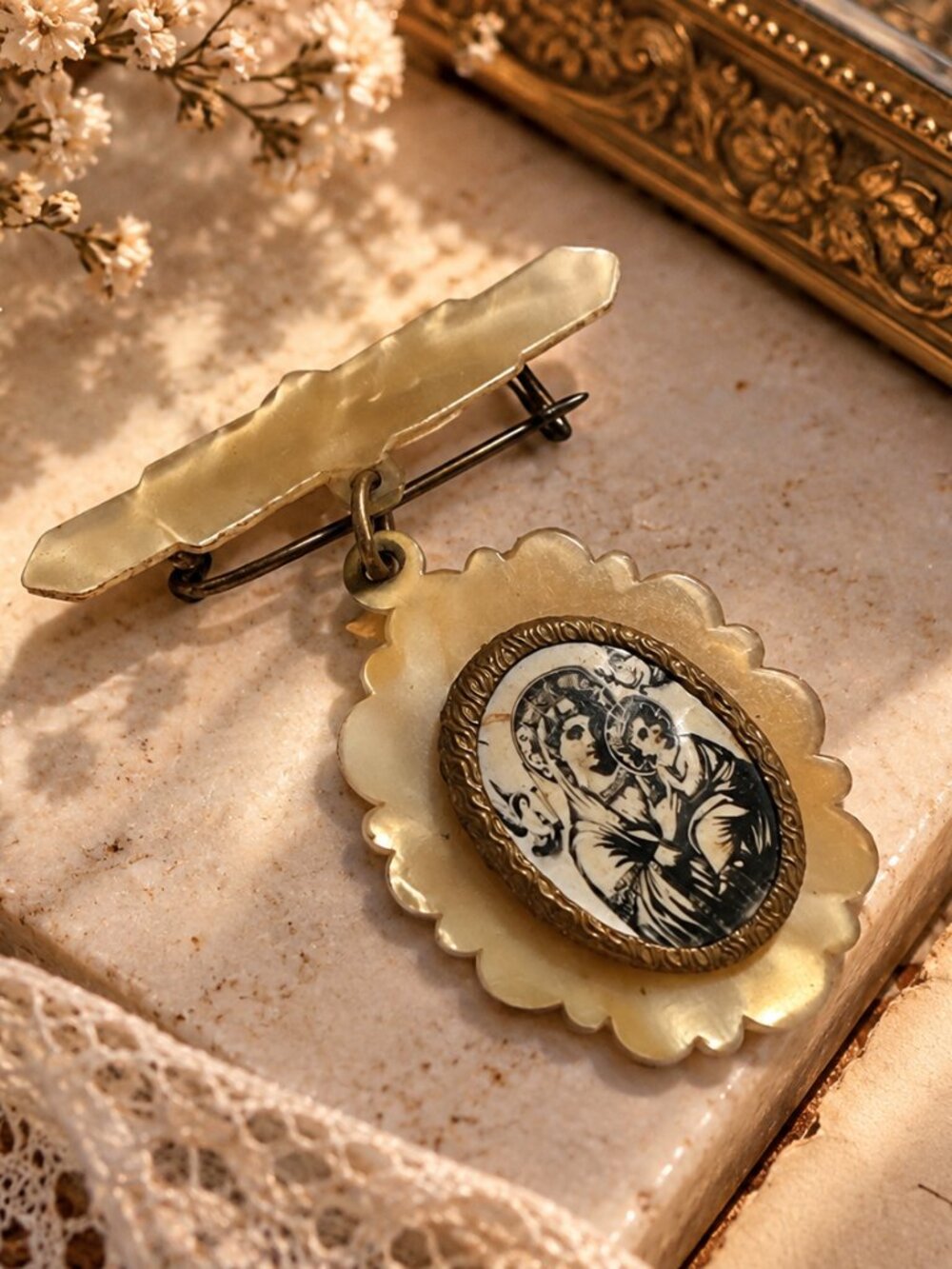 Vintage Czech Celluloid Religious Pin Madonna Child Cameo Brooch